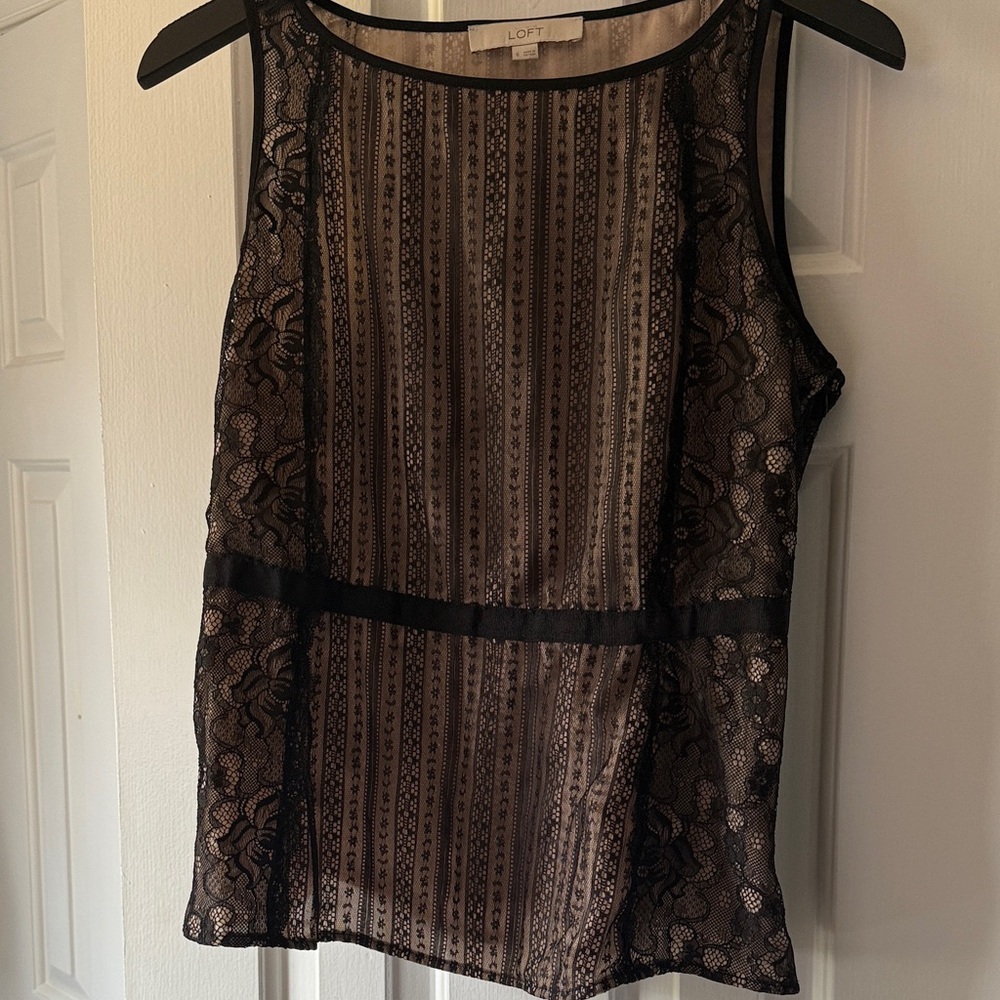LOFT Black and Cream Striped Lace Blouse